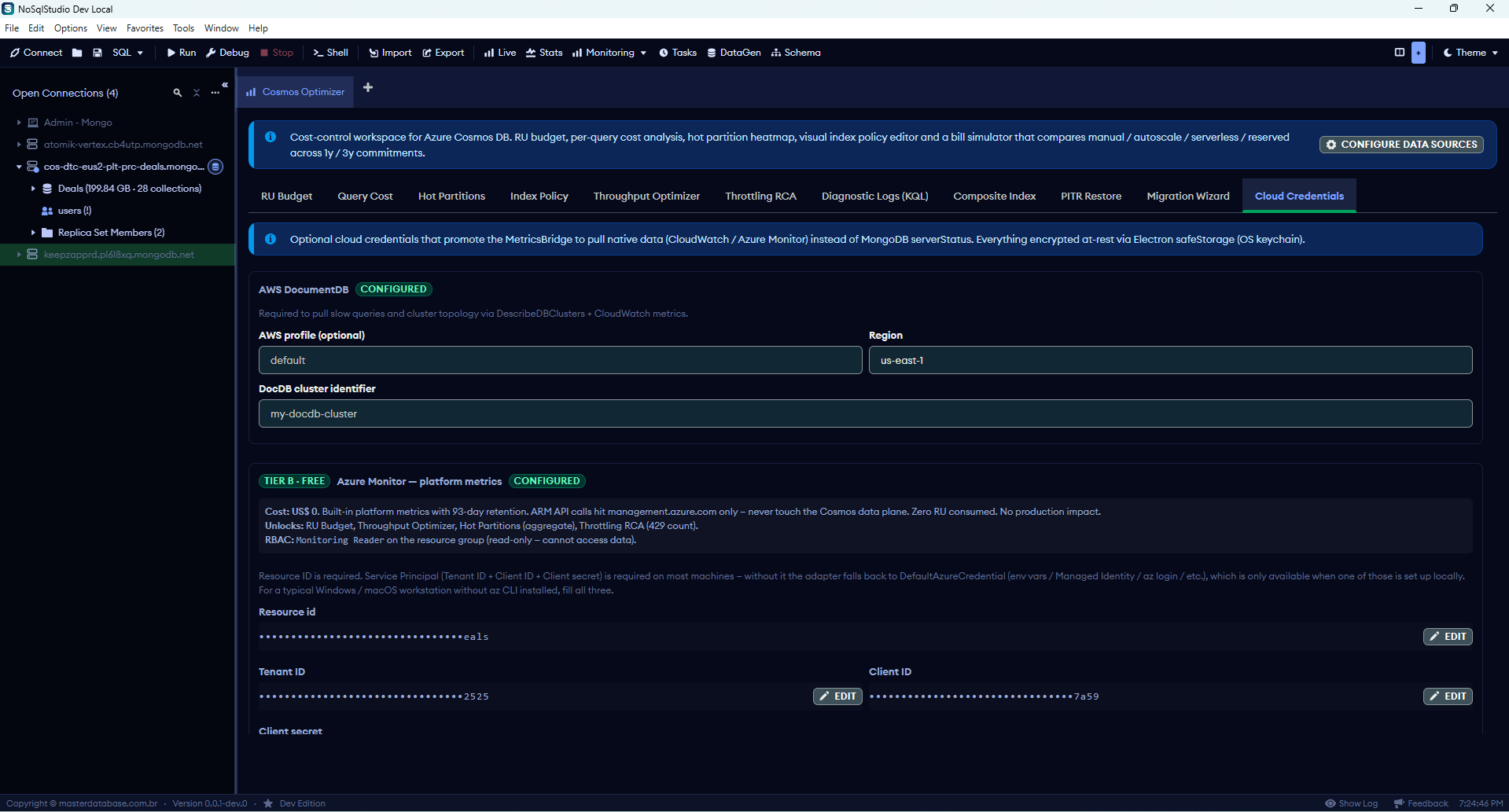Cloud Credentials: AWS DocDB + Azure Service Principal + Log Analytics workspace ID
