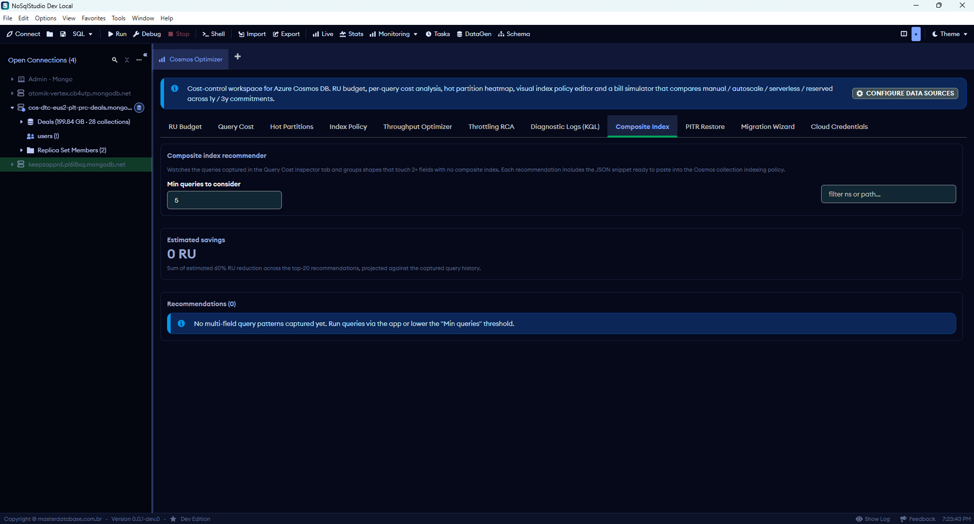 Composite Index: detects multi-field query shapes lacking compound indexes + JSON snippet generator