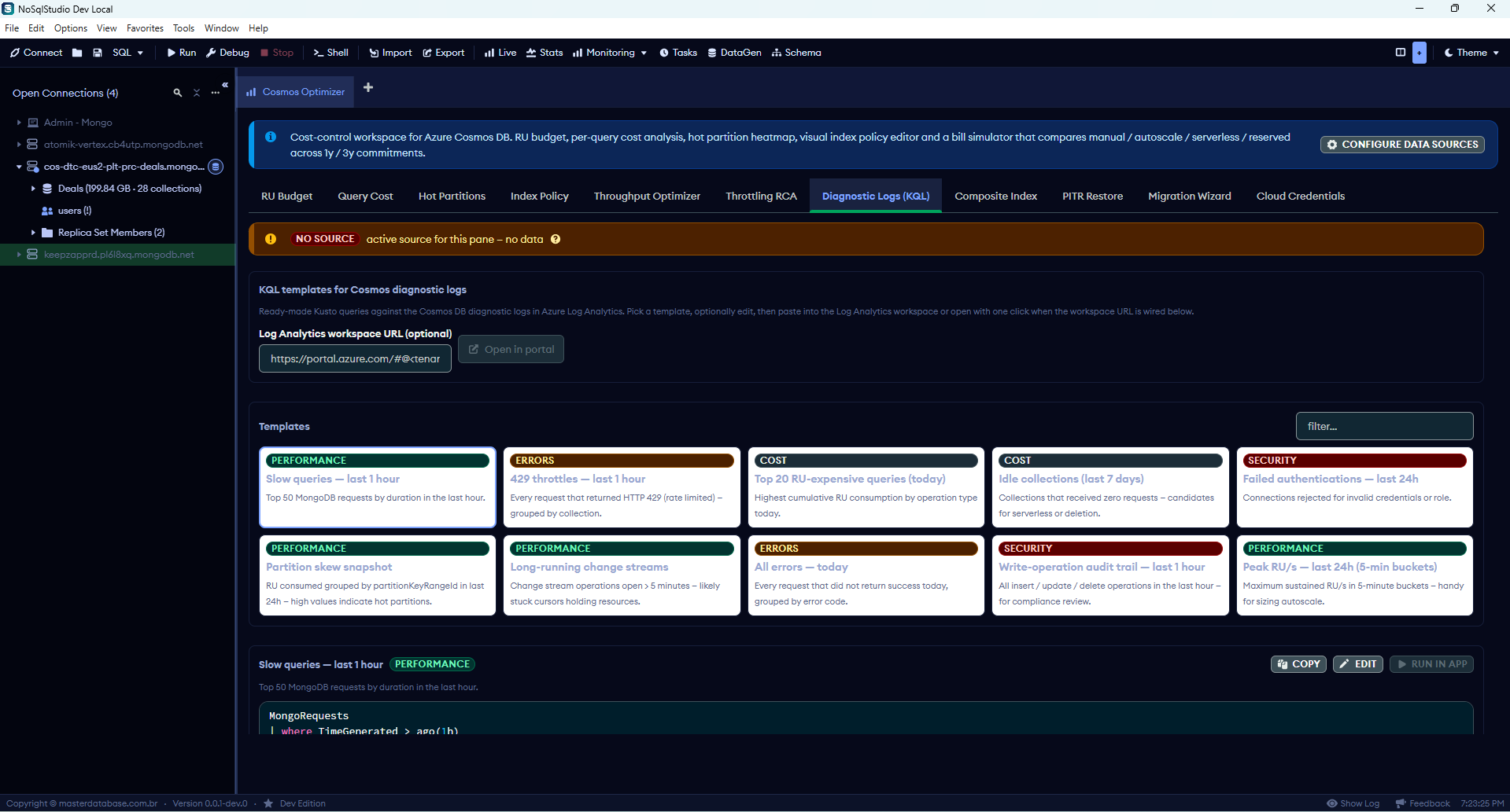 Diagnostic Logs: 10 ready-made KQL templates against MongoRequests table