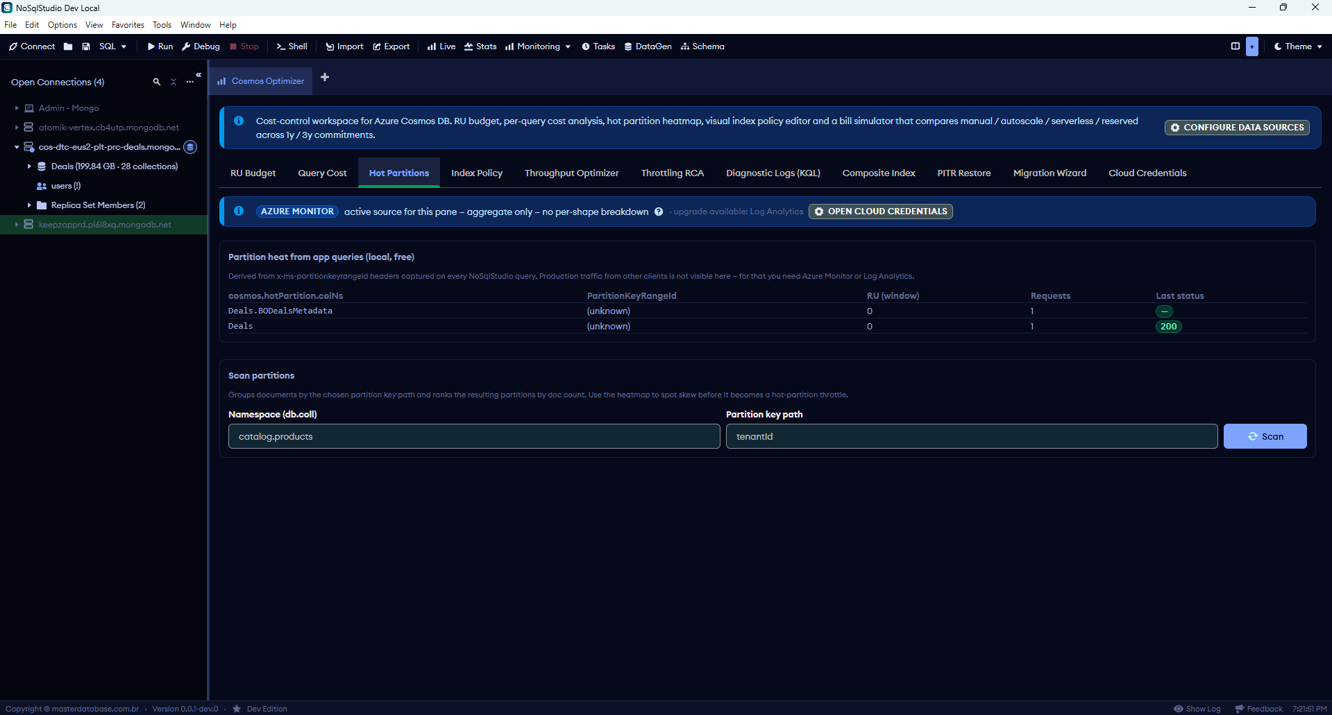 Hot Partitions pane: heatmap of doc count by partition key + skew detection