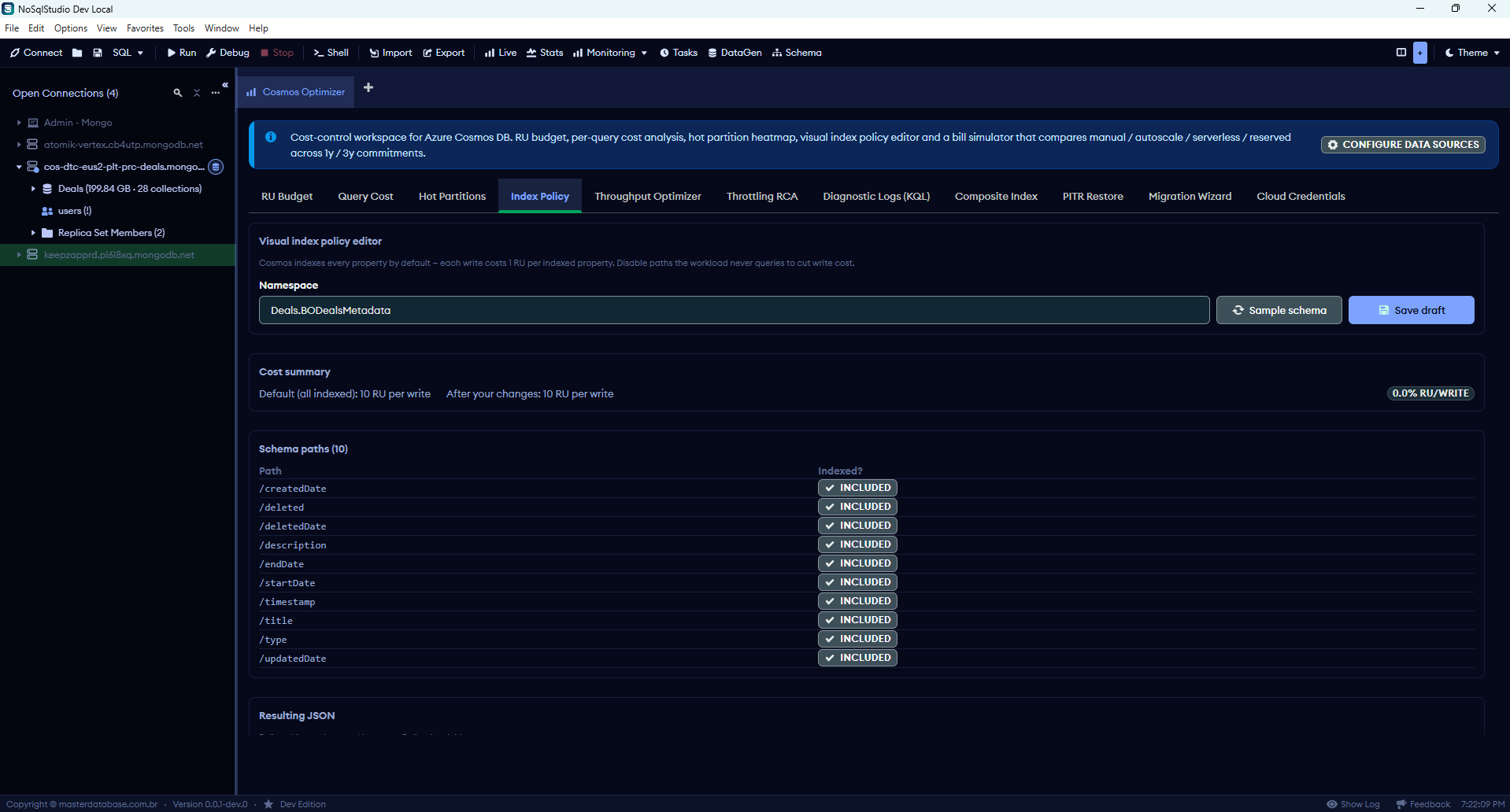 Index Policy editor: schema tree with include/exclude checkboxes + JSON preview