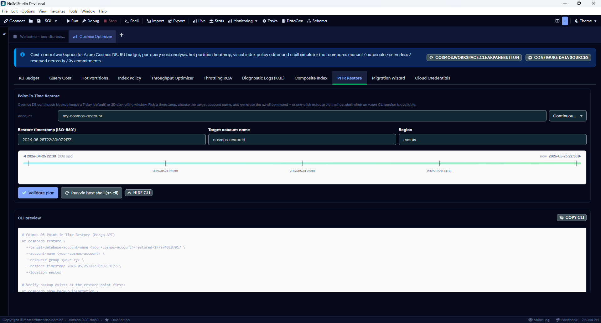 PITR Restore wizard: form for account / timestamp / target / region + CLI preview