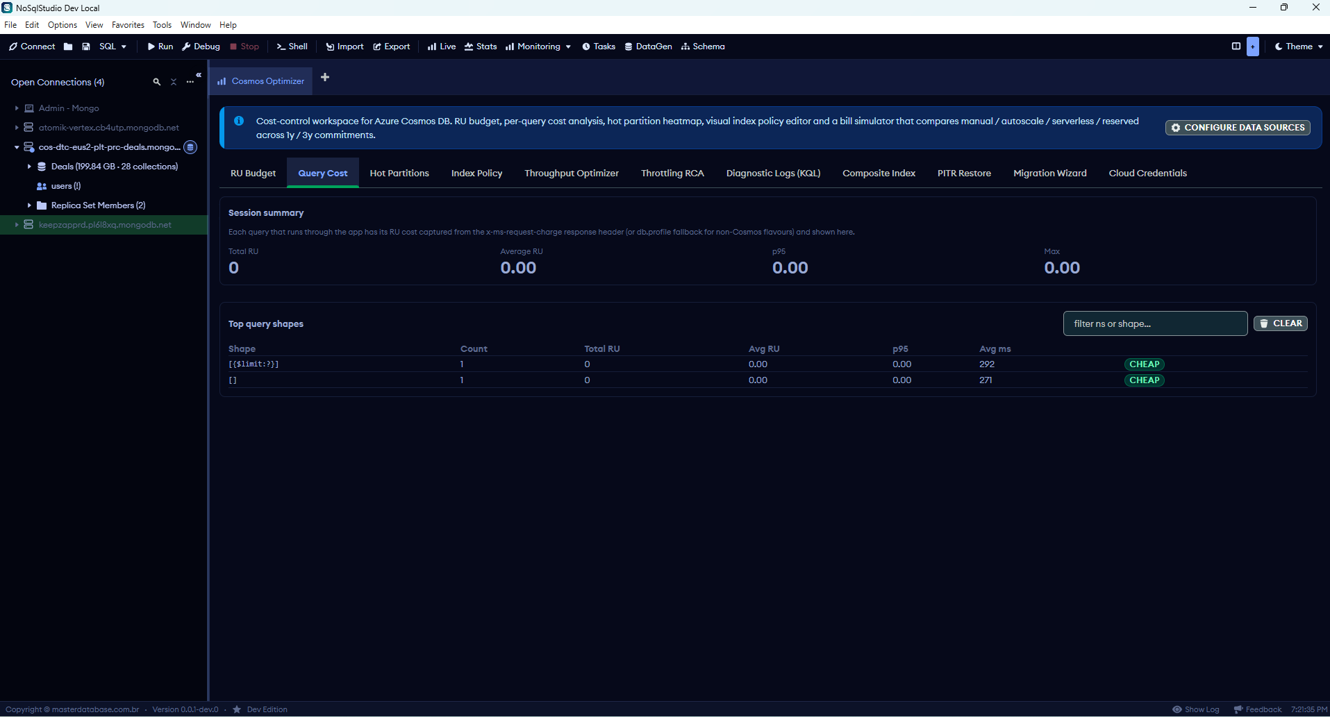 Query Cost pane: ring buffer of per-query RU costs captured from x-ms-request-charge