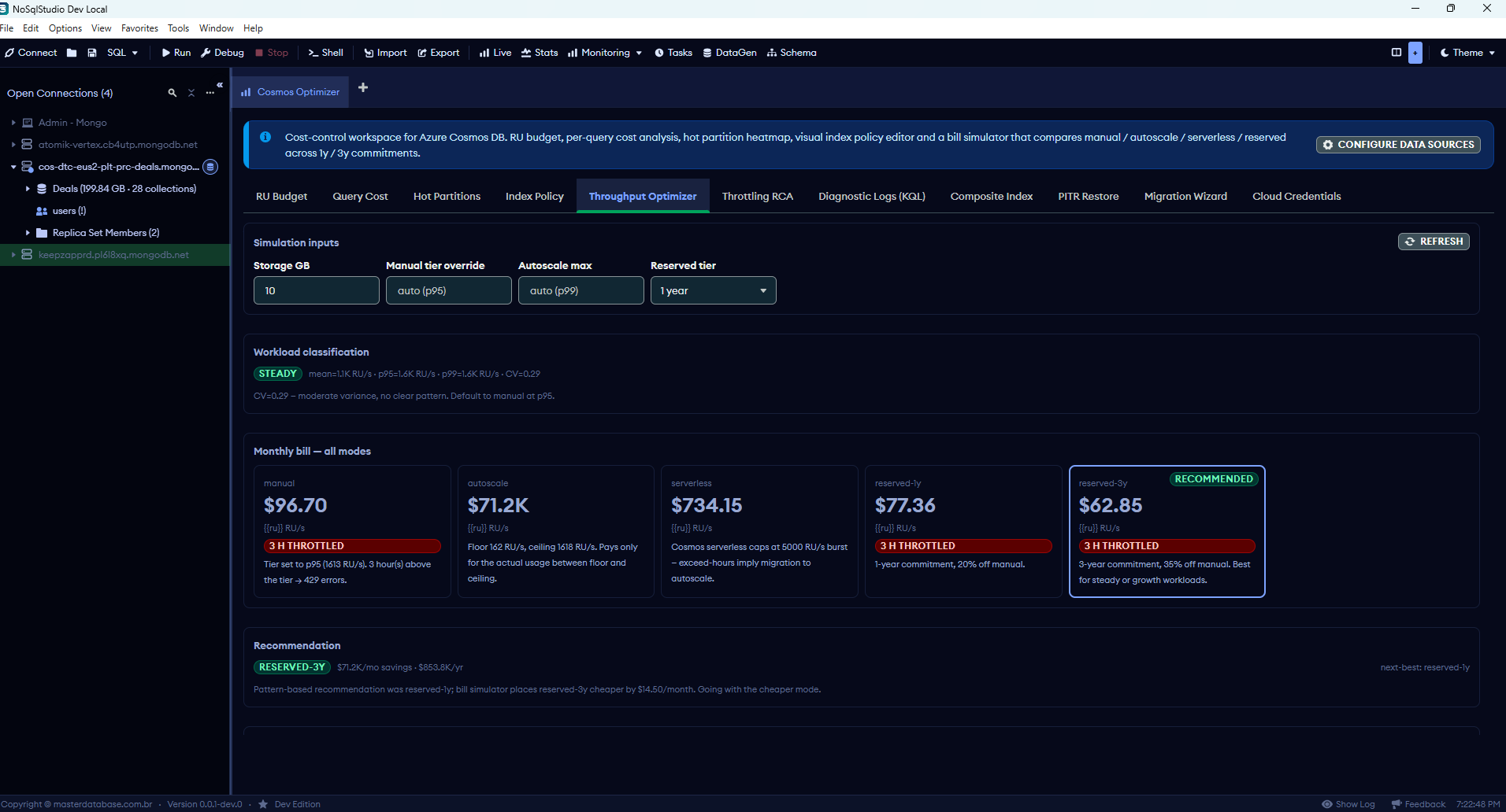 Throughput Optimizer: workload classifier + bill comparison across 5 modes + Reserved Capacity quote